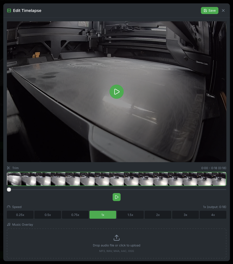 Bambuddy Timelapse Editor - Trim, speed, and music controls