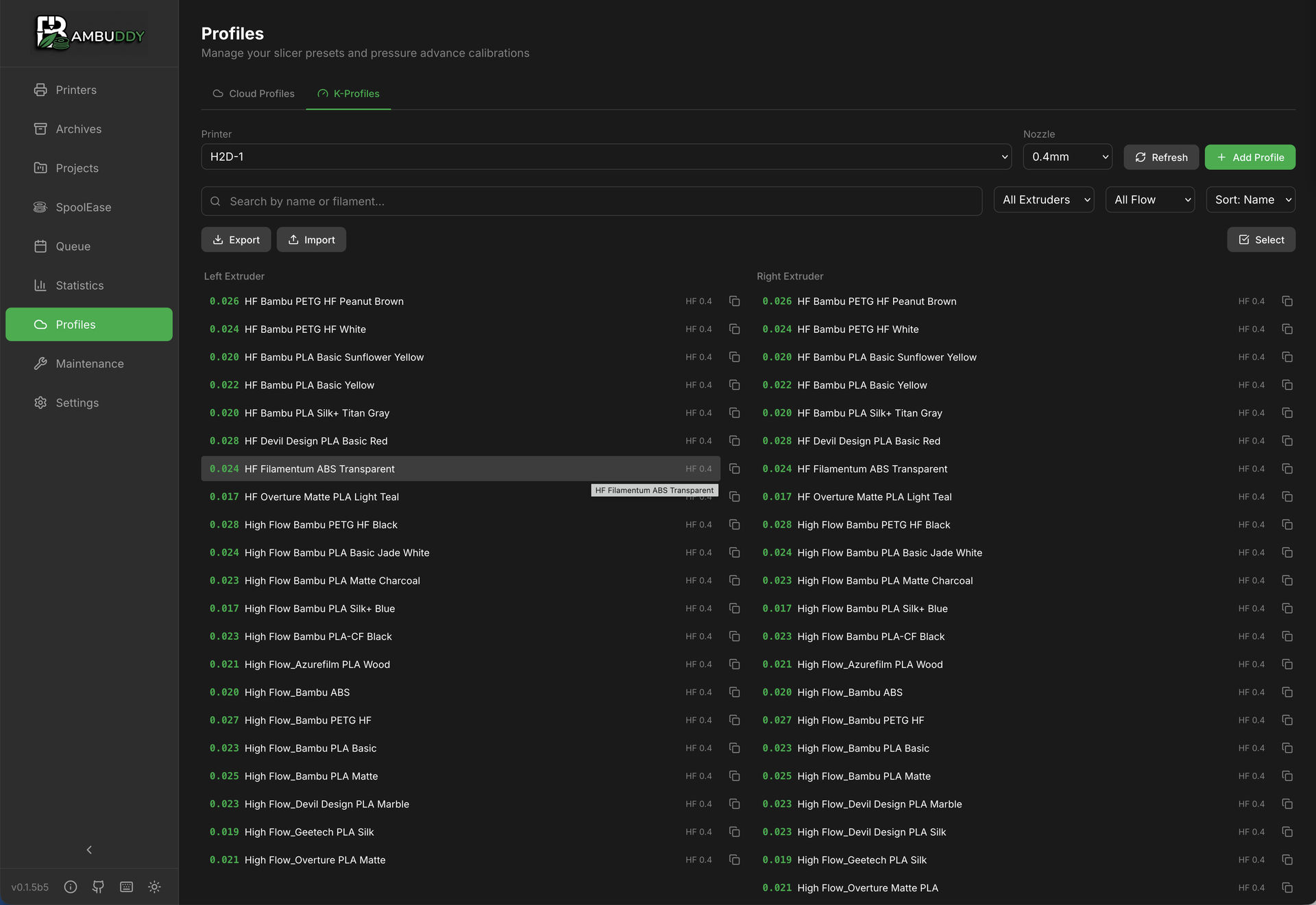Bambuddy K-Profiles - Pressure advance settings