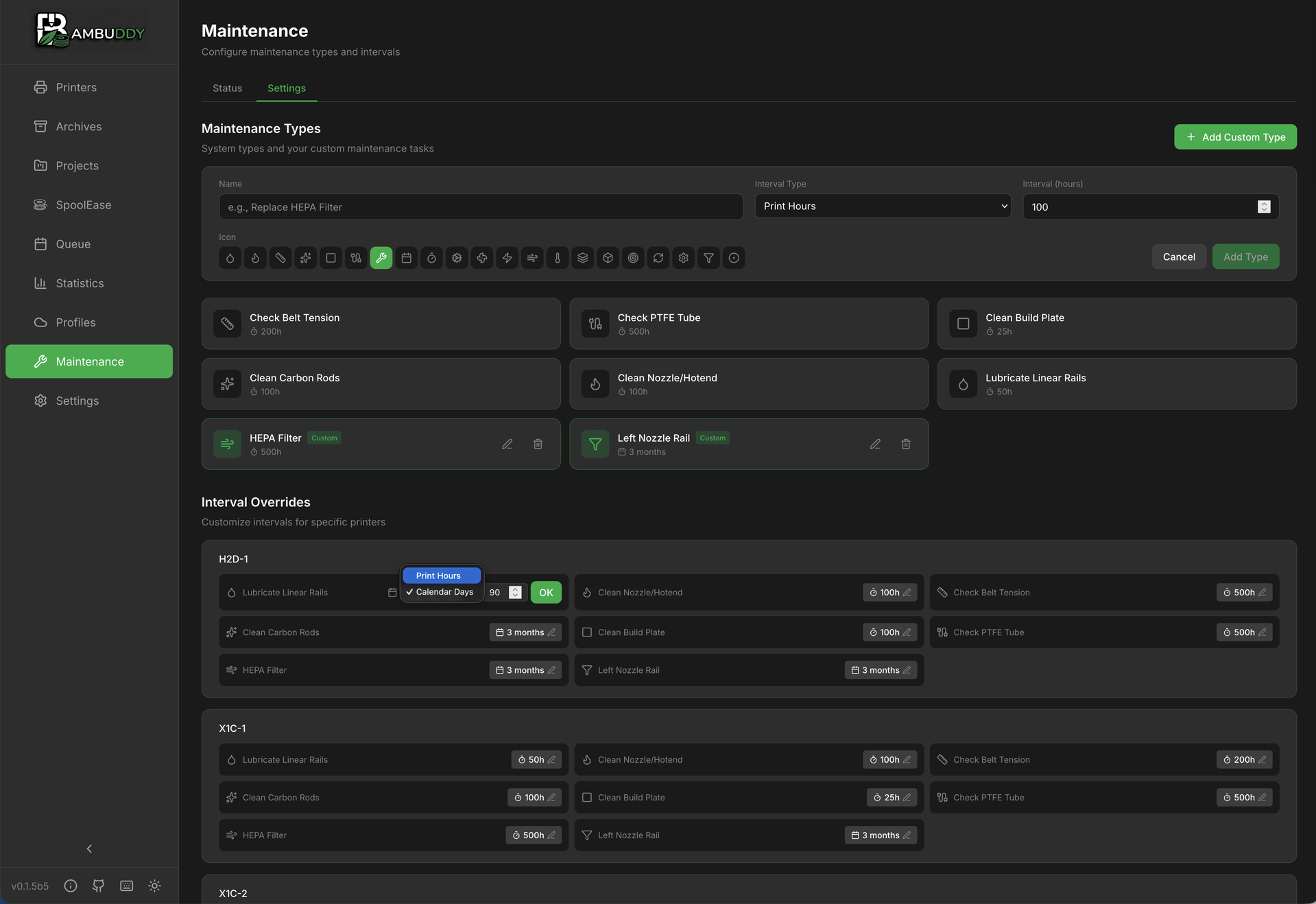 Bambuddy Maintenance - Maintenance settings and intervals