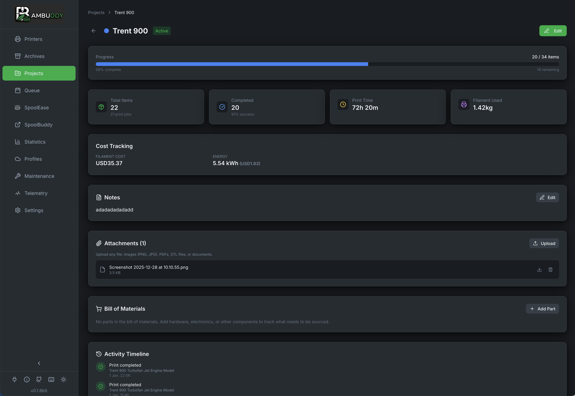 Bambuddy Project Detail - Assigned archives and progress