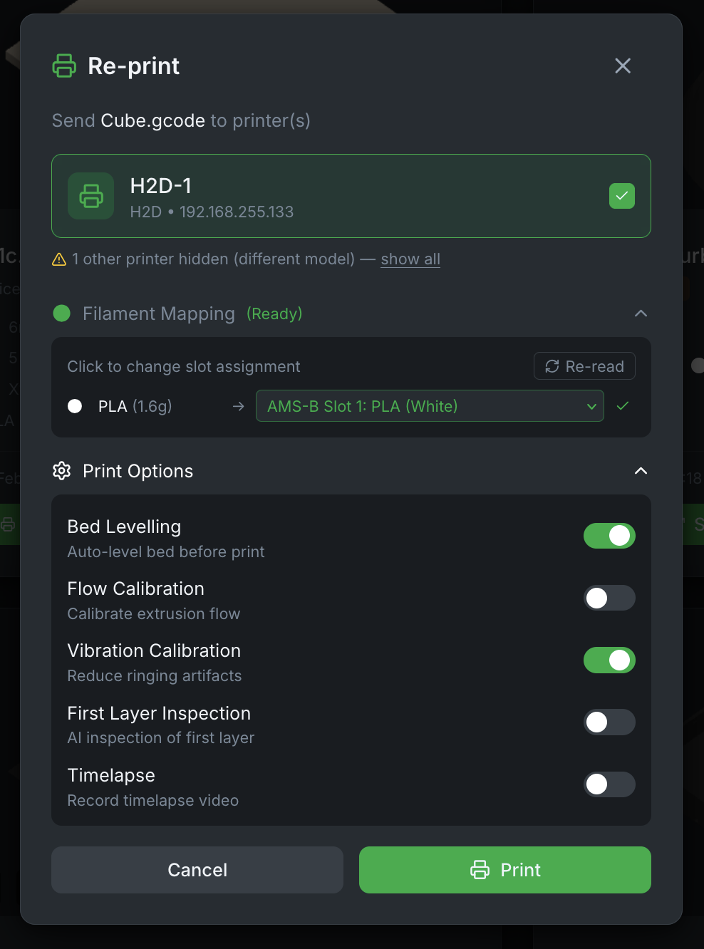 Bambuddy Re-print - Filament mapping and print options