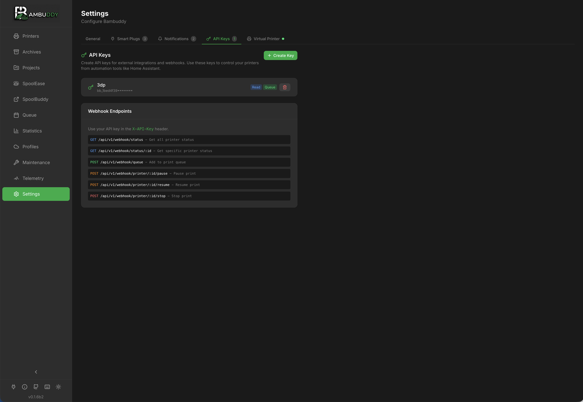 Bambuddy API Keys - Webhook endpoints and permissions
