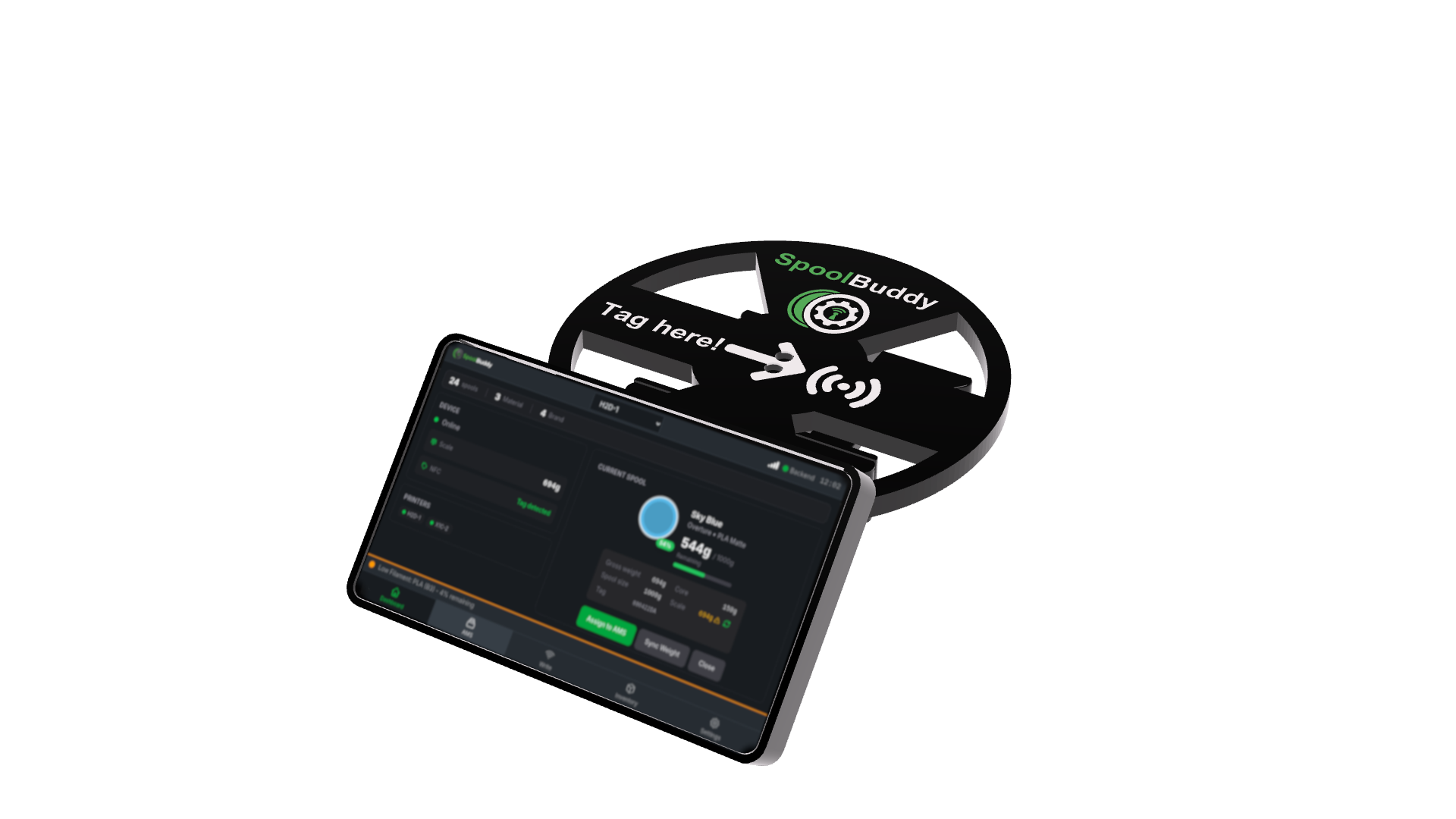 SpoolBuddy device with touchscreen, NFC reader, and scale